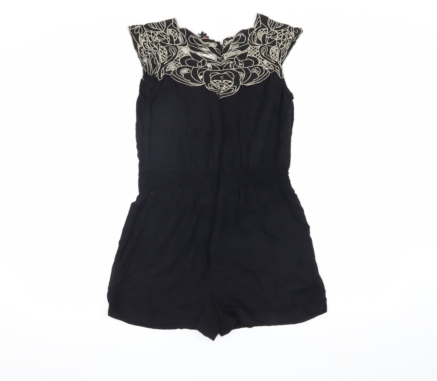 Yumi Women's Black Embroidered Playsuit, Size S