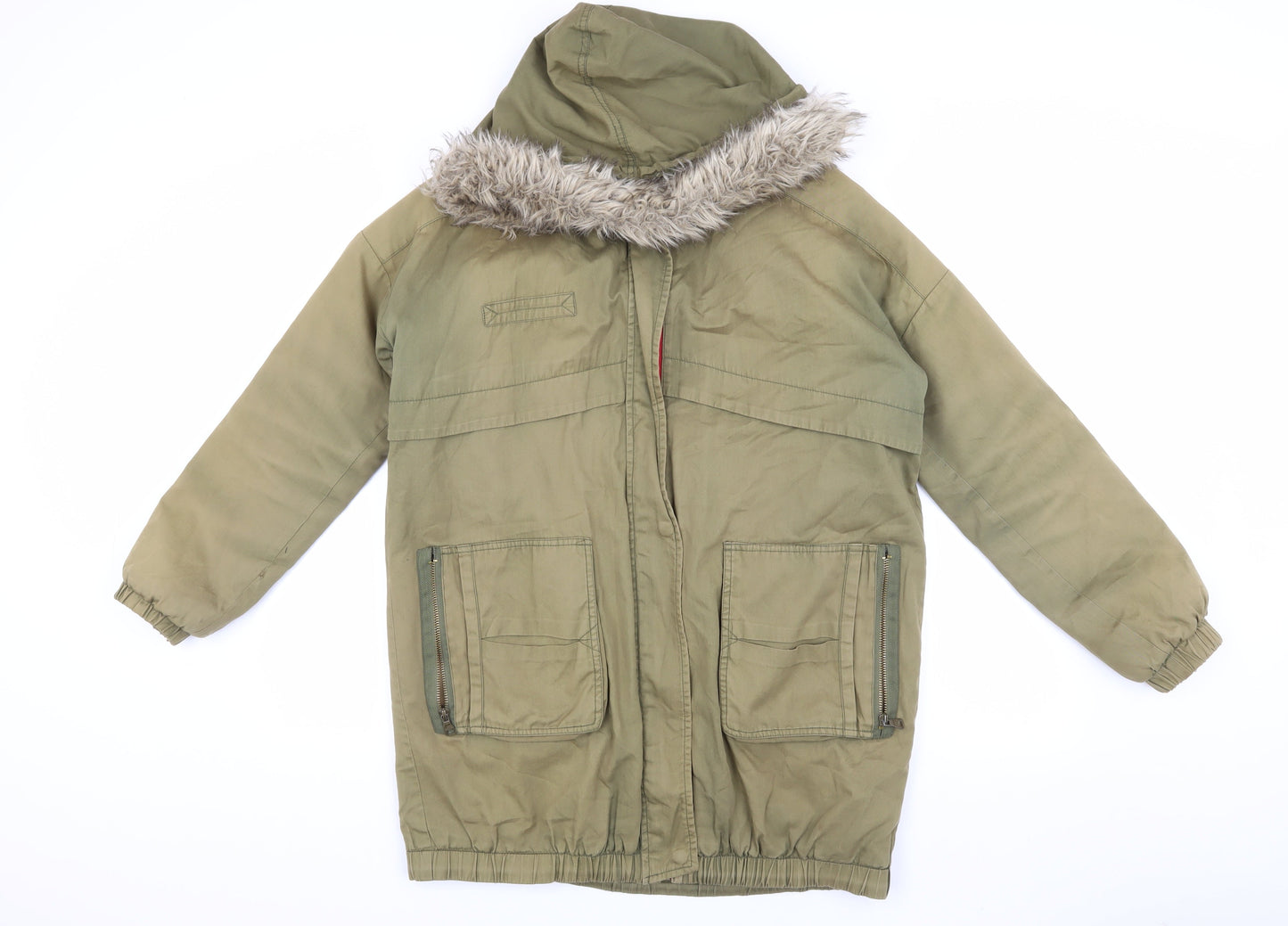 Zara Unisex Green Parka S Faux Fur Hood Coat