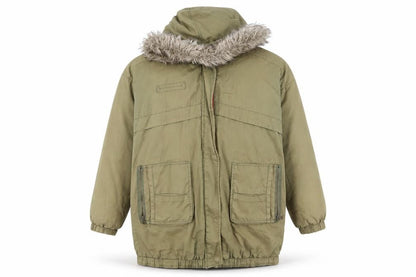 Front view of Zara unisex green parka s faux fur hood coat