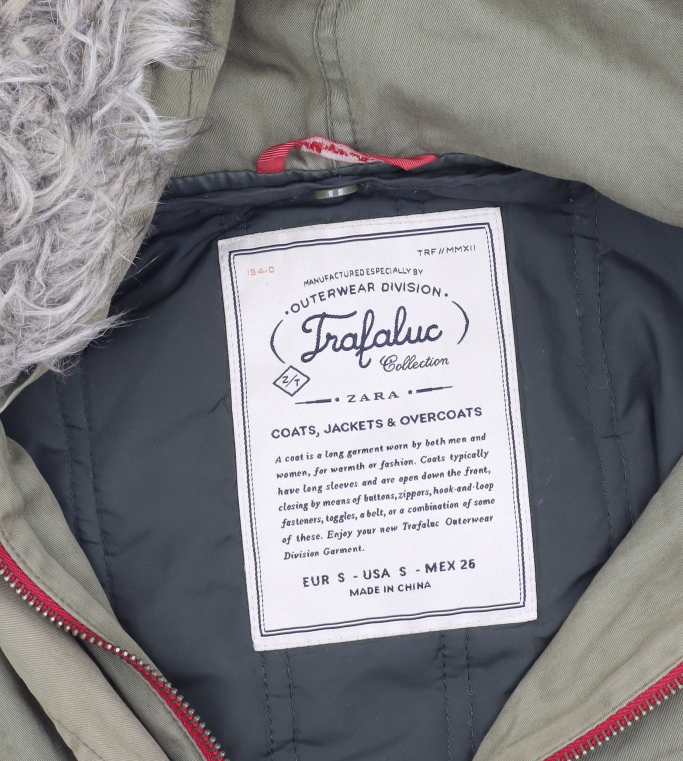 Zara Unisex Green Parka S Faux Fur Hood Coat