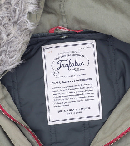 Zara Unisex Green Parka S Faux Fur Hood Coat