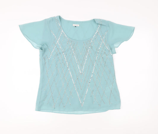 Jacques Vert Blue Sequin Blouse Women Size 10
