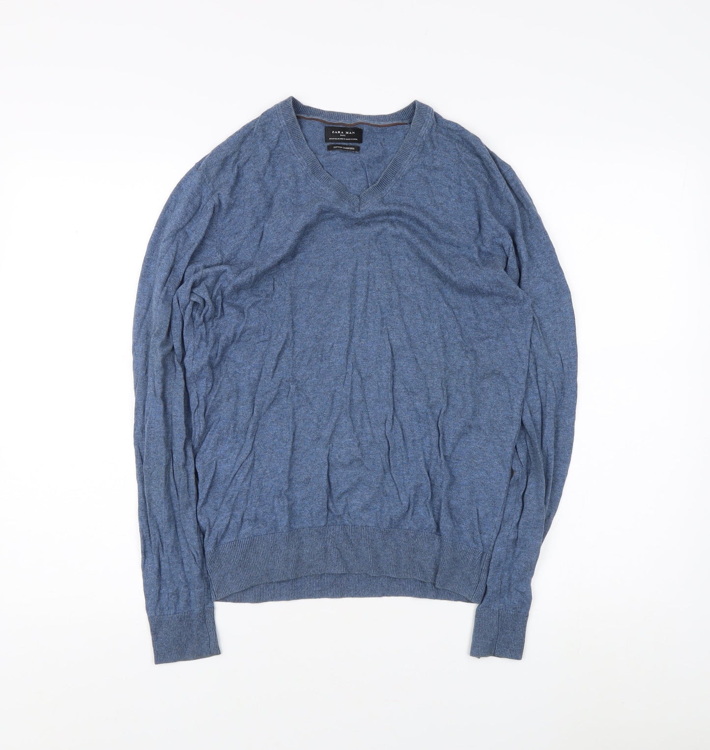 Zara Man Blue V-Neck Cotton Cashmere Jumper M