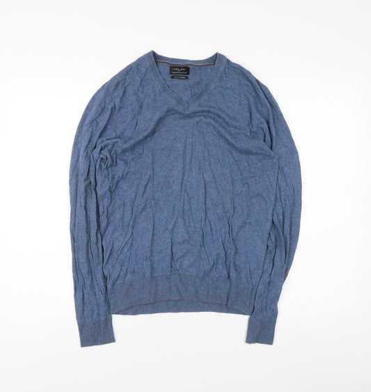 Zara Man Blue V-Neck Cotton Cashmere Jumper M
