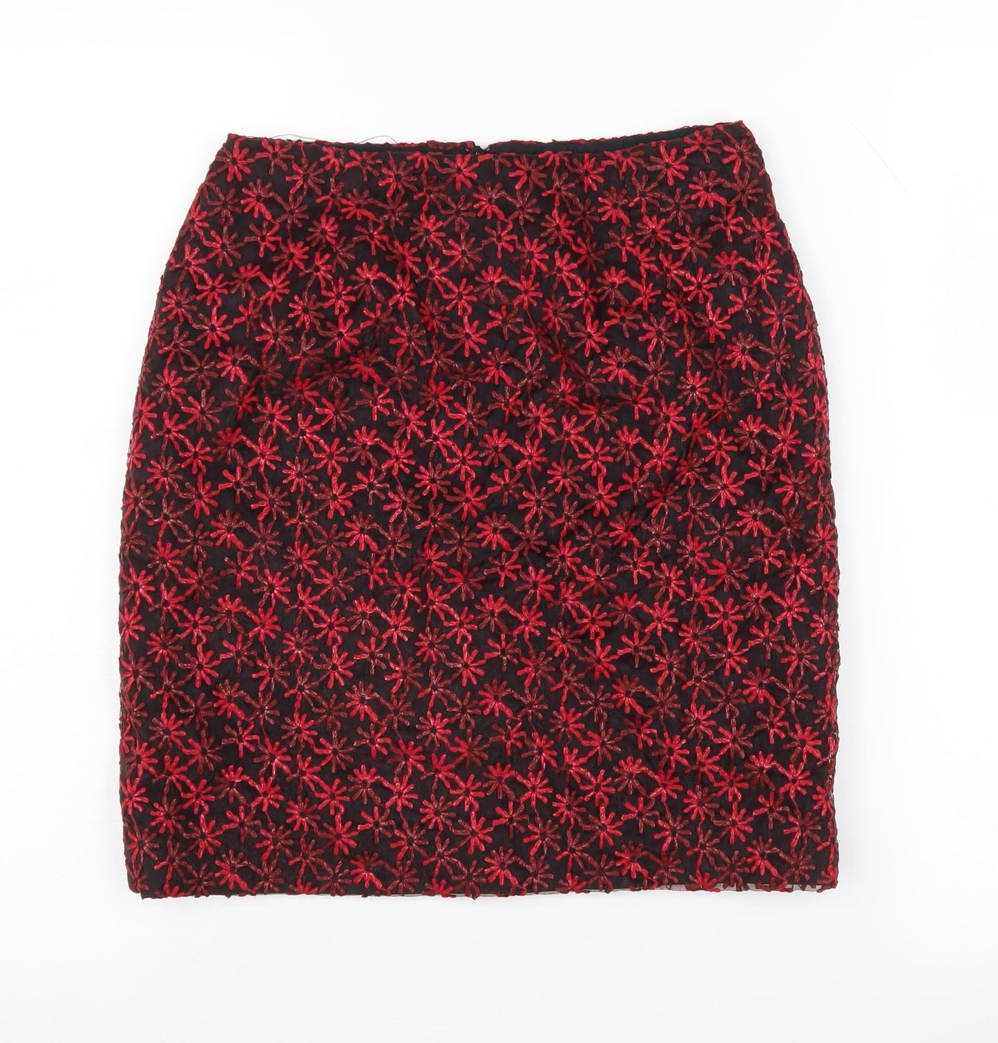 Oasis Women's Red Floral Skirt Size 8 Embroidered