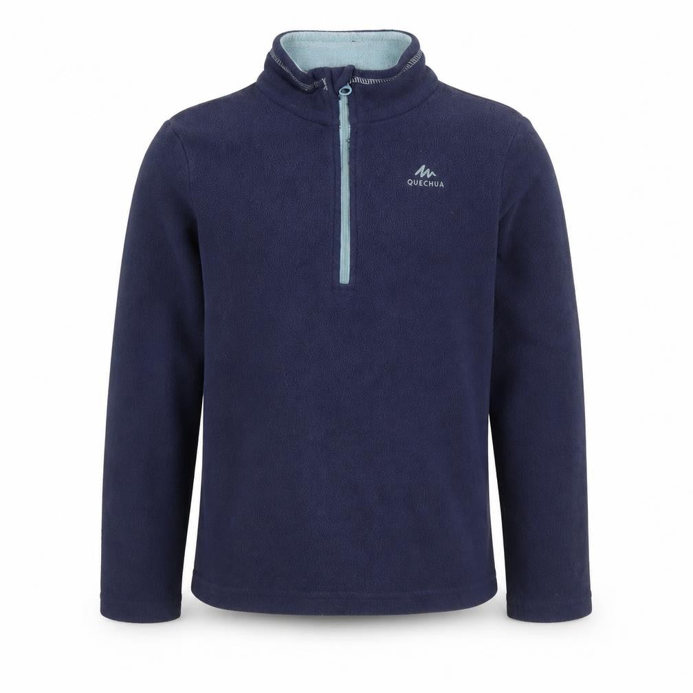 Front view of Quechua boys’ blue fleece 1/4 zip sweatshirt, size 6-7, years