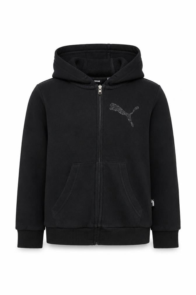 Front view of Puma boys’ black full zip hoodie 7-8 years with logo