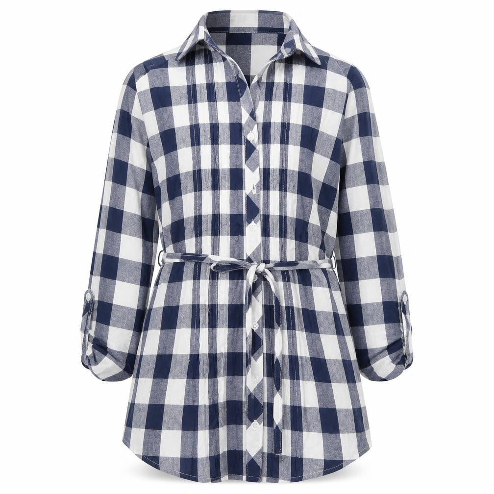 Front view of Ethel Austin girls’ blue check button-up shirt 10-11 years