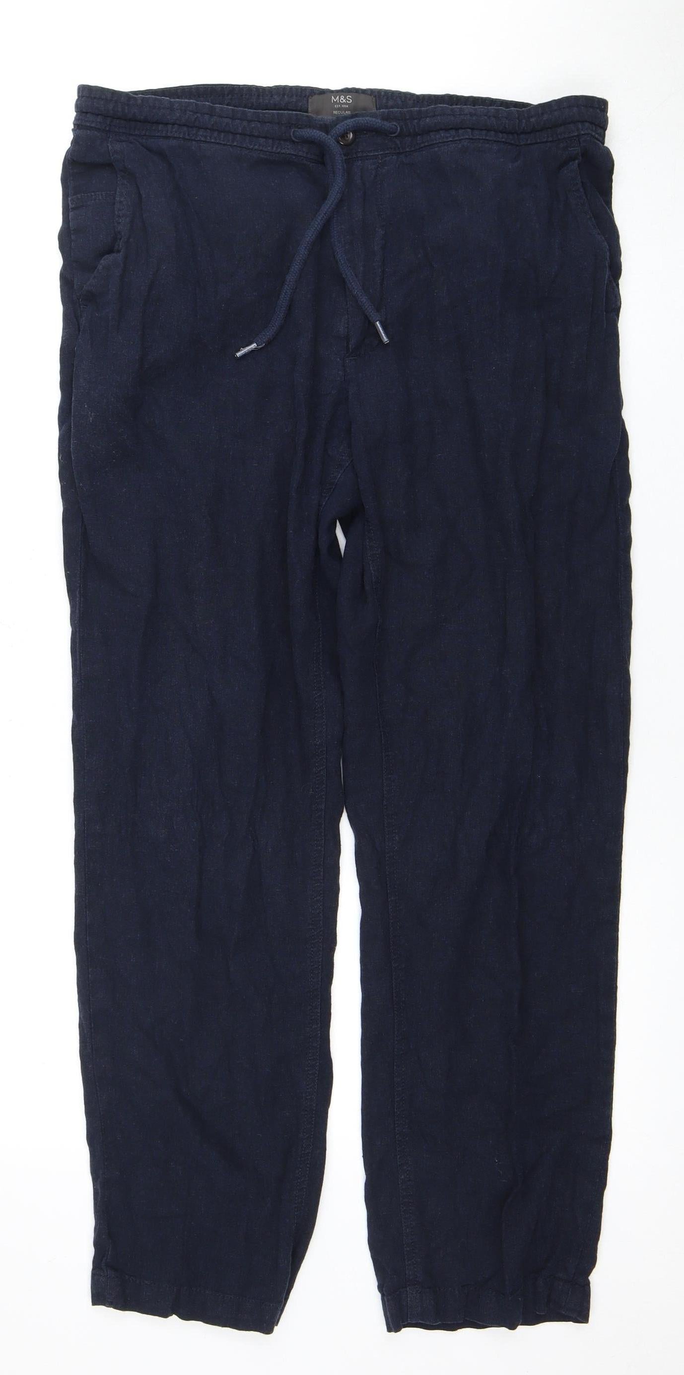 Marks and Spencer Blue Linen Trousers M Unisex Casual