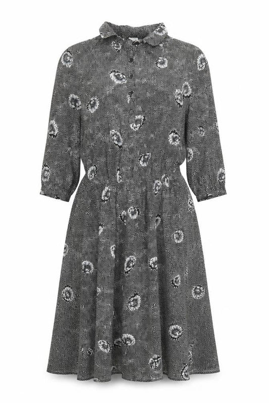Front view of C&A Women's Black Floral Dress, size 10, Polyester