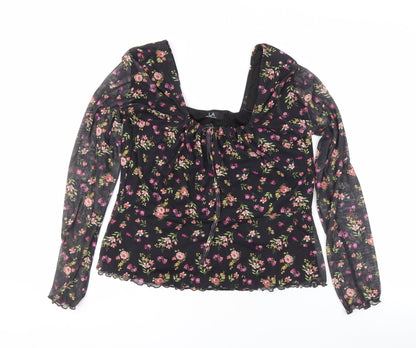 LOOKAGAIN.CO.UK Women's Black Floral Tunic Blouse Size 12