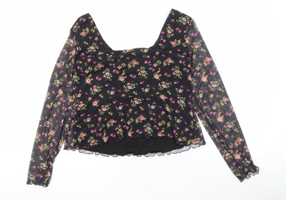 LOOKAGAIN.CO.UK Women's Black Floral Tunic Blouse Size 12