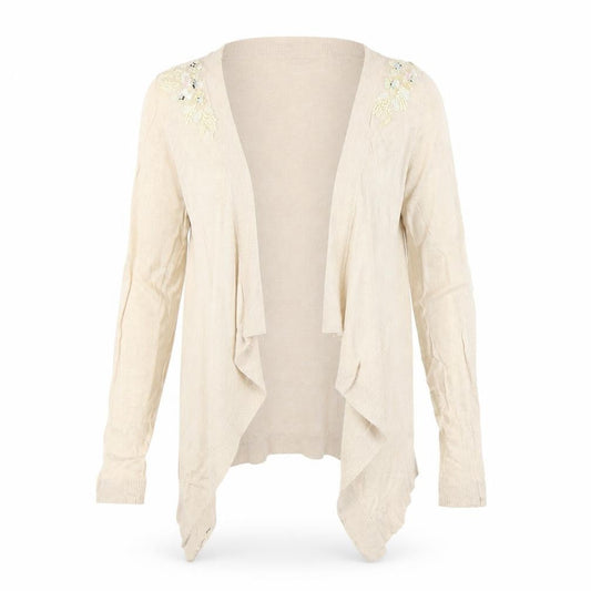 Front view of Miss Selfridge Beige Women's Cardigan, size 14, with Beaded Accents