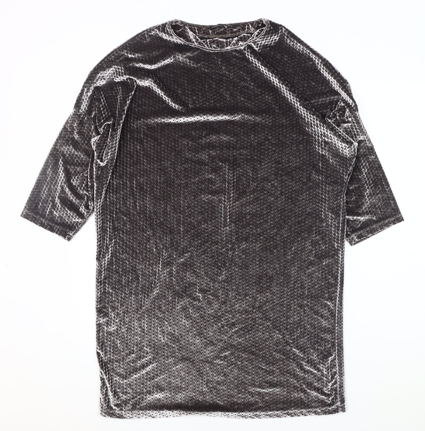 Zara Men's Grey Velvet 3/4 Sleeve Crew Neck Top