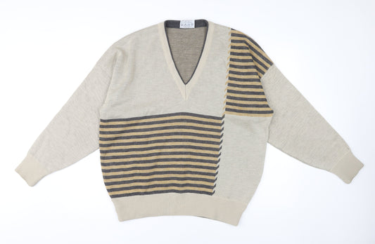 Pierre Sangan Beige Men's XL Striped Pullover Jumper