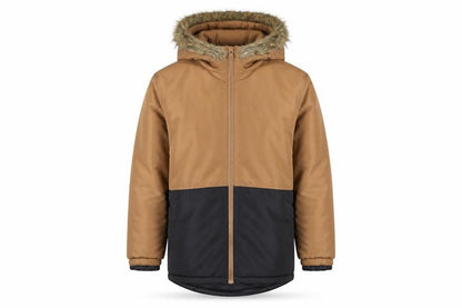 Front view of Destination boys’ brown puffer jacket with hood, size 164