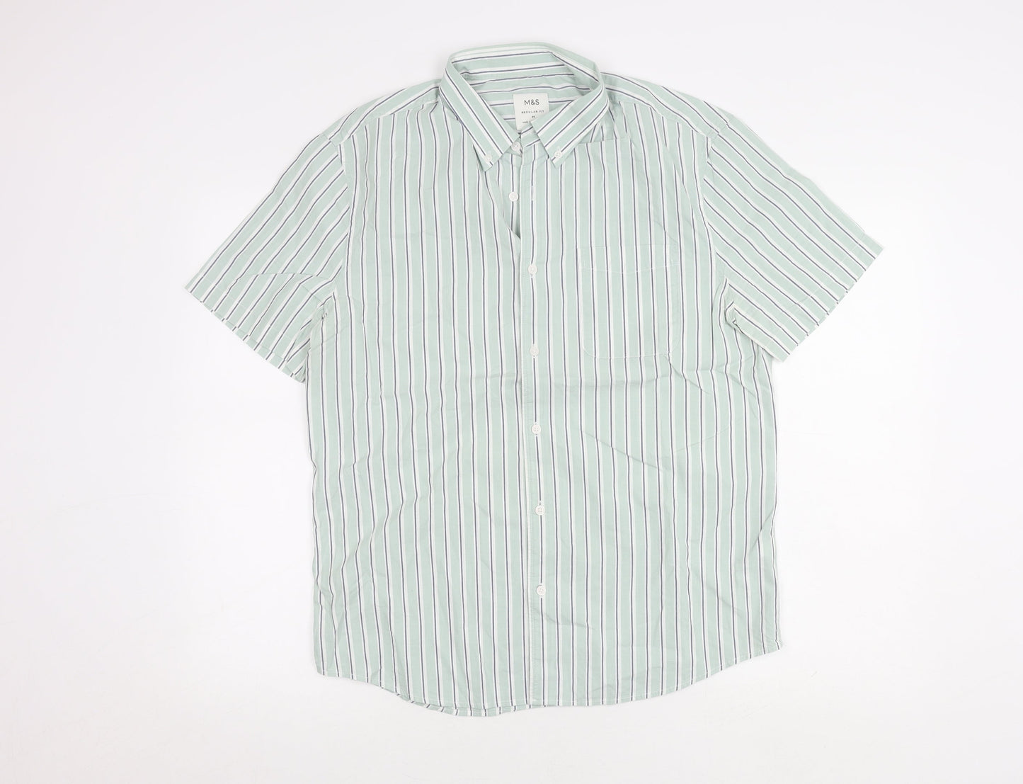 Marks and Spencer Men's Green Striped Shirt M