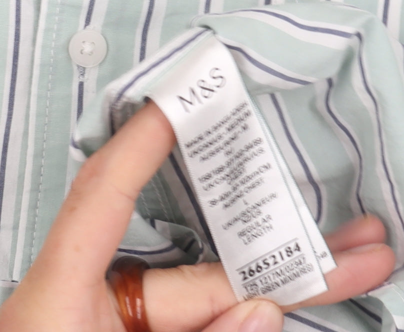 Marks and Spencer Men's Green Striped Shirt M