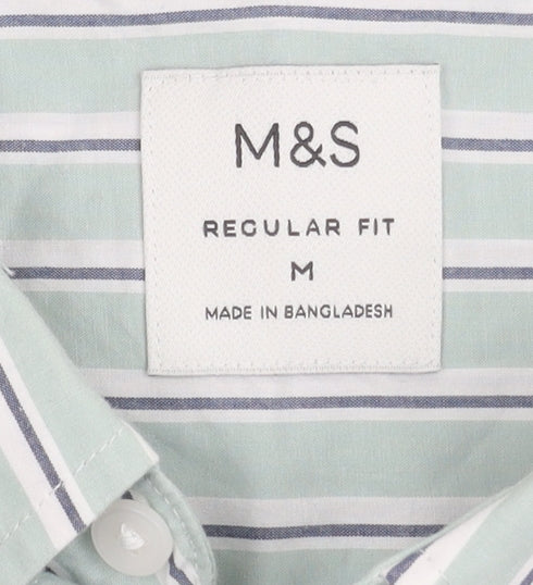 Marks and Spencer Men's Green Striped Shirt M
