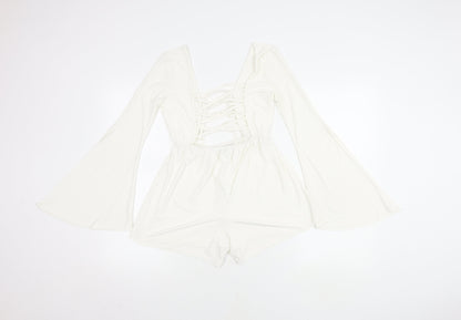 Boohoo Women's White V-Neck Long Sleeve Playsuit