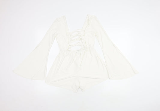 Boohoo Women's White V-Neck Long Sleeve Playsuit