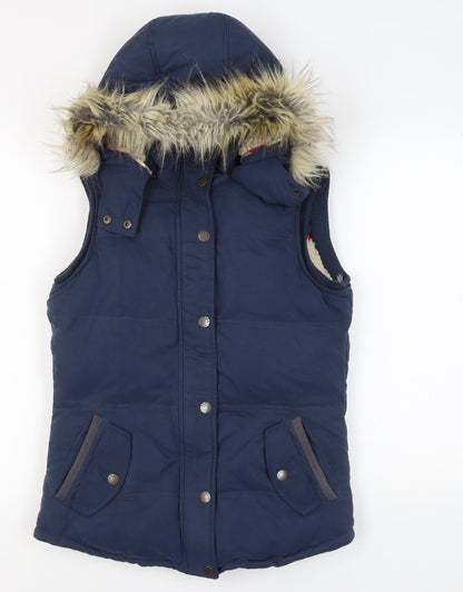 Fat Face Women's Blue Fur Trim Hooded Puffer Waistcoat Size 8