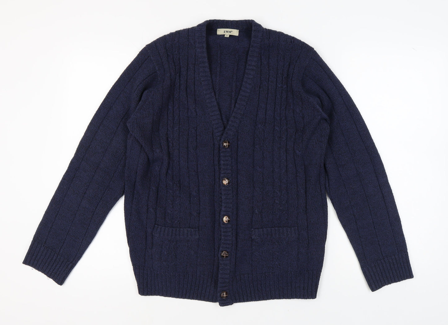 EWM Men's Blue Cable-Knit Cardigan, M