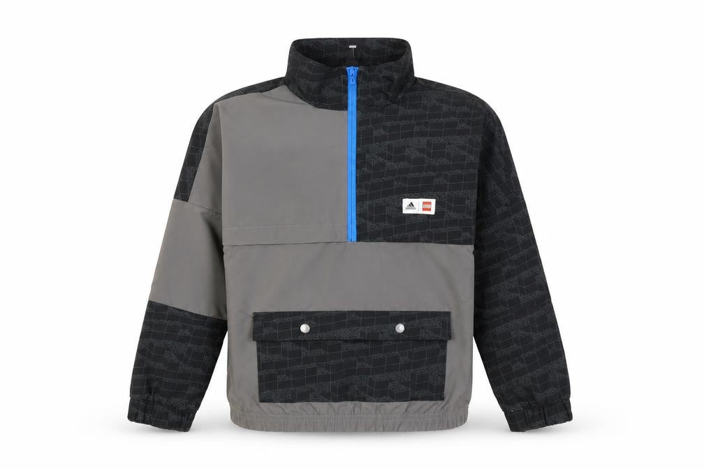 Front view of Adidas boys’ black track jacket, geometric, size 7, autumn wear