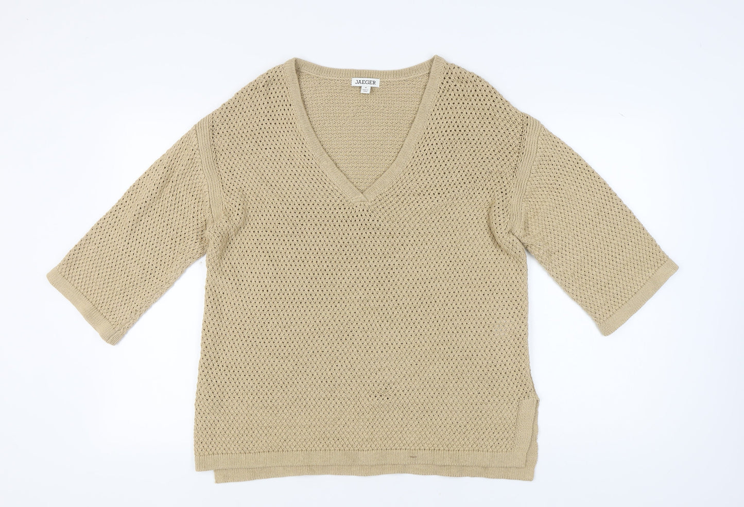 Jaeger Women's Beige V-Neck Open-Knit Jumper M