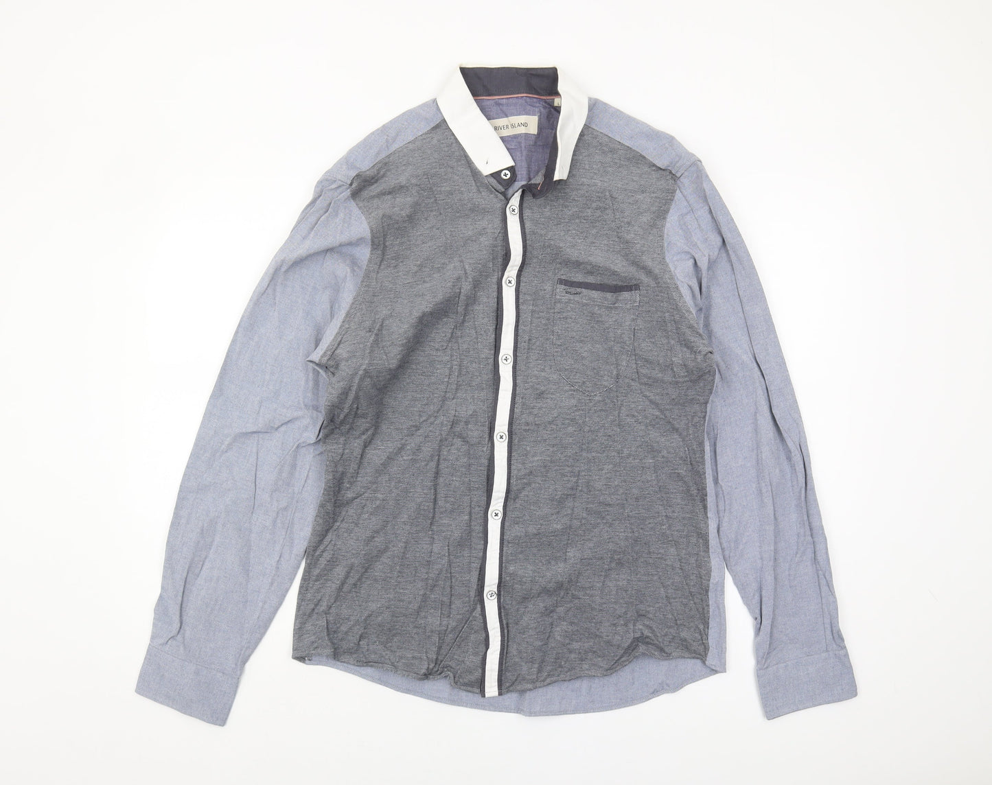 River Island Men's Grey Colourblock Button-Up Shirt L