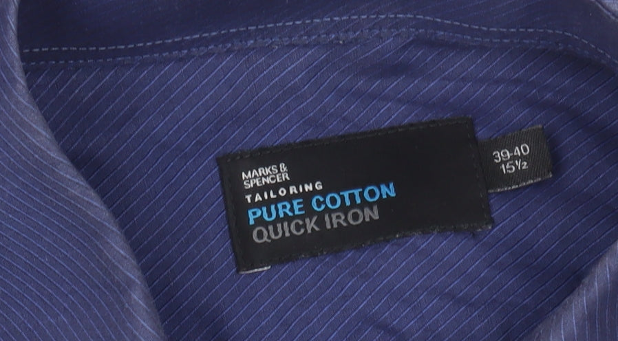 Marks and Spencer Men's Blue Long Sleeve Shirt 15.5 Slim Fit