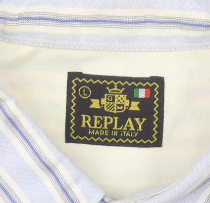 Replay Men's Blue Striped Long Sleeve Shirt Size L