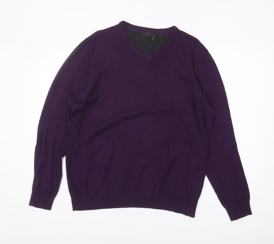Jeff Banks Men's Purple V-Neck Cotton Jumper Medium