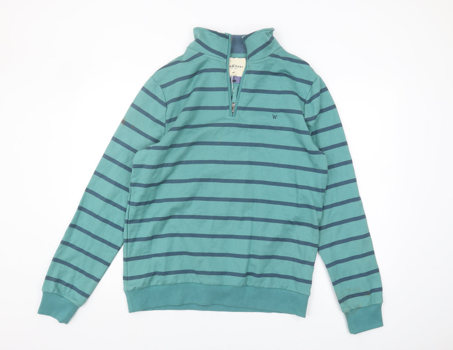 WoolOvers Mens Green Cotton Striped 1/4 Zip Sweatshirt M
