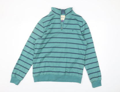 WoolOvers Mens Green Cotton Striped 1/4 Zip Sweatshirt M