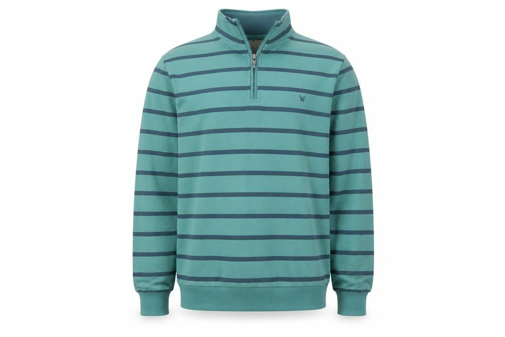 WoolOvers Mens Green Cotton Striped 1/4 Zip Sweatshirt M