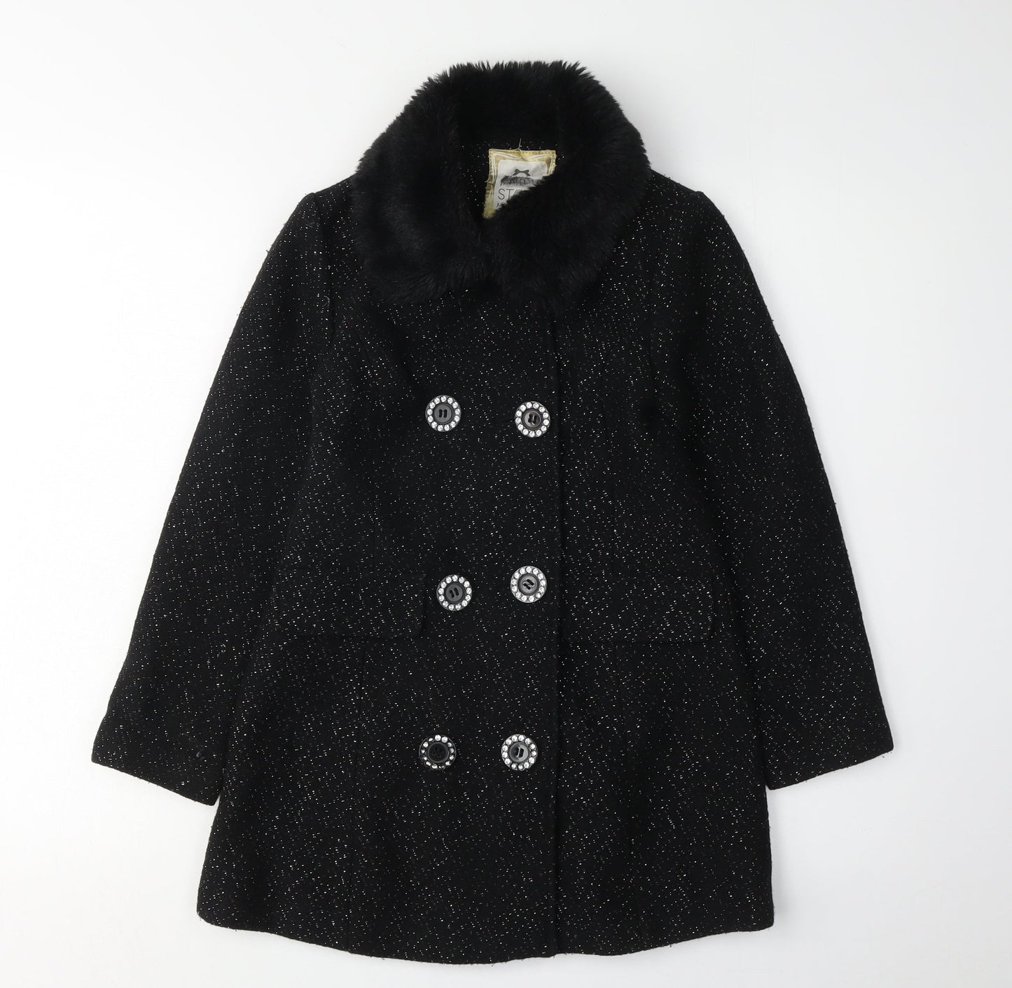 Star Girls Black Flecked Fur Trim Coat Age 9