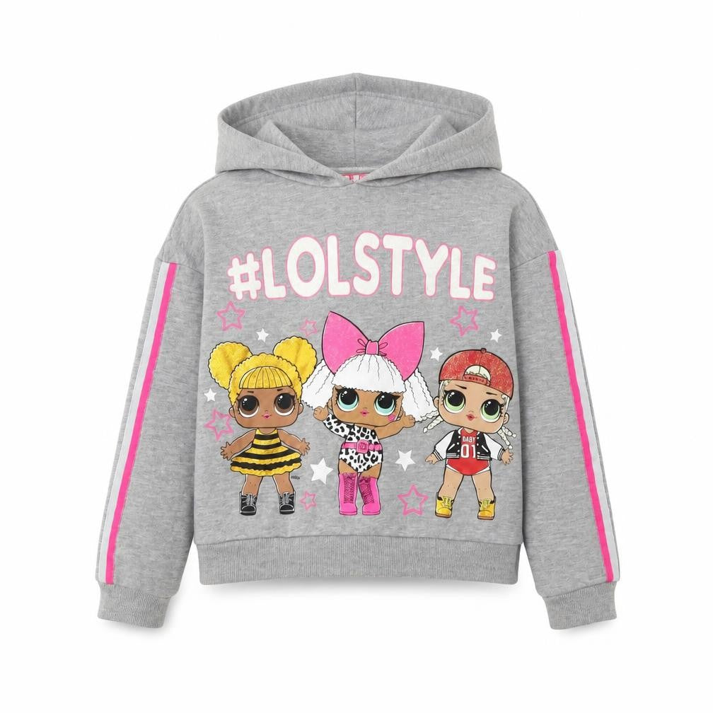 Front view of LOL Surprise girls’ grey hoodie 7-8 years pullover with graphic
