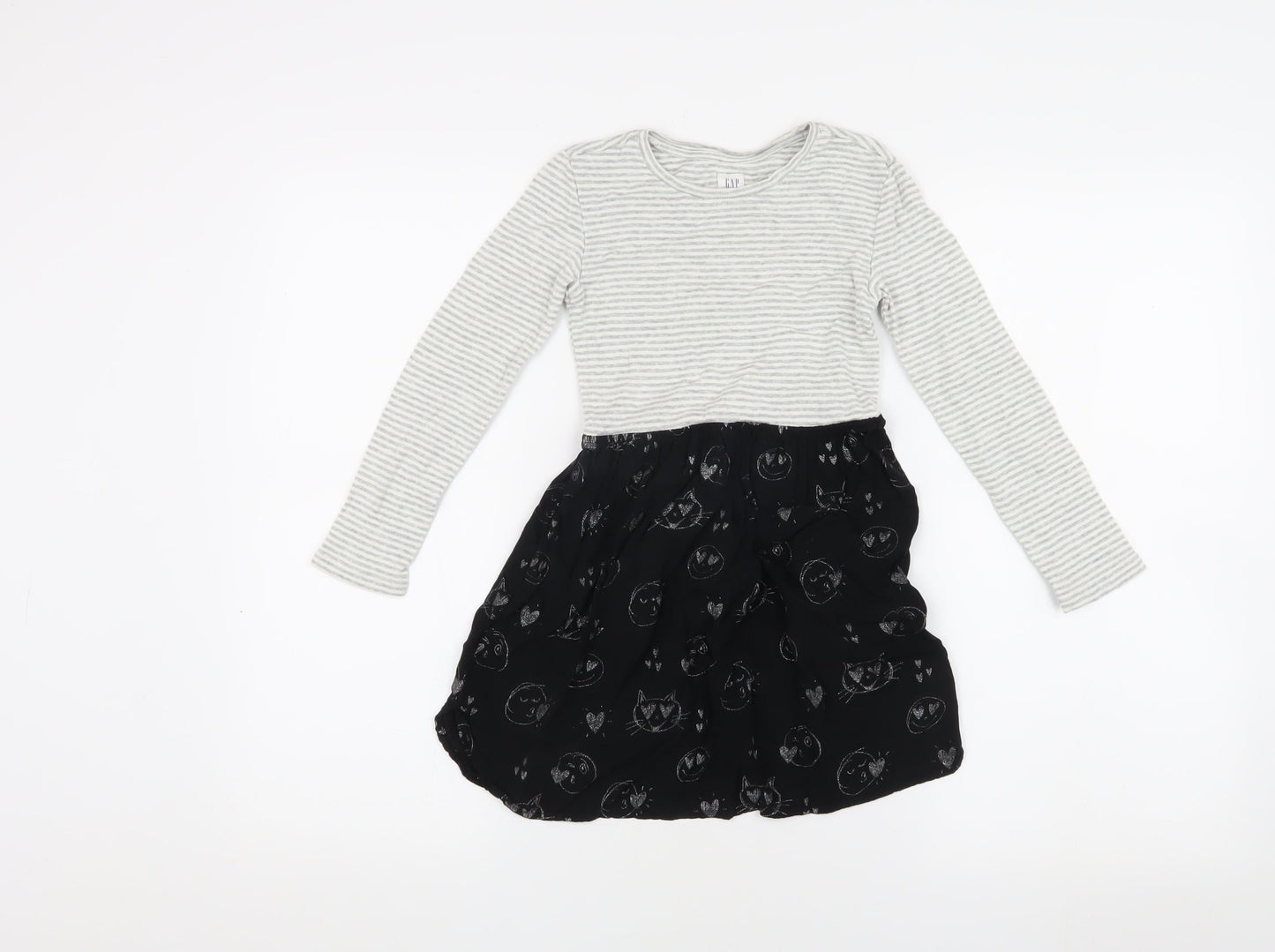 GAP Girls Grey & Black Striped Animal Cats Print Dress 6-7 Years