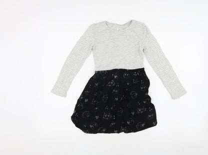 GAP Girls Grey & Black Striped Animal Cats Print Dress 6-7 Years