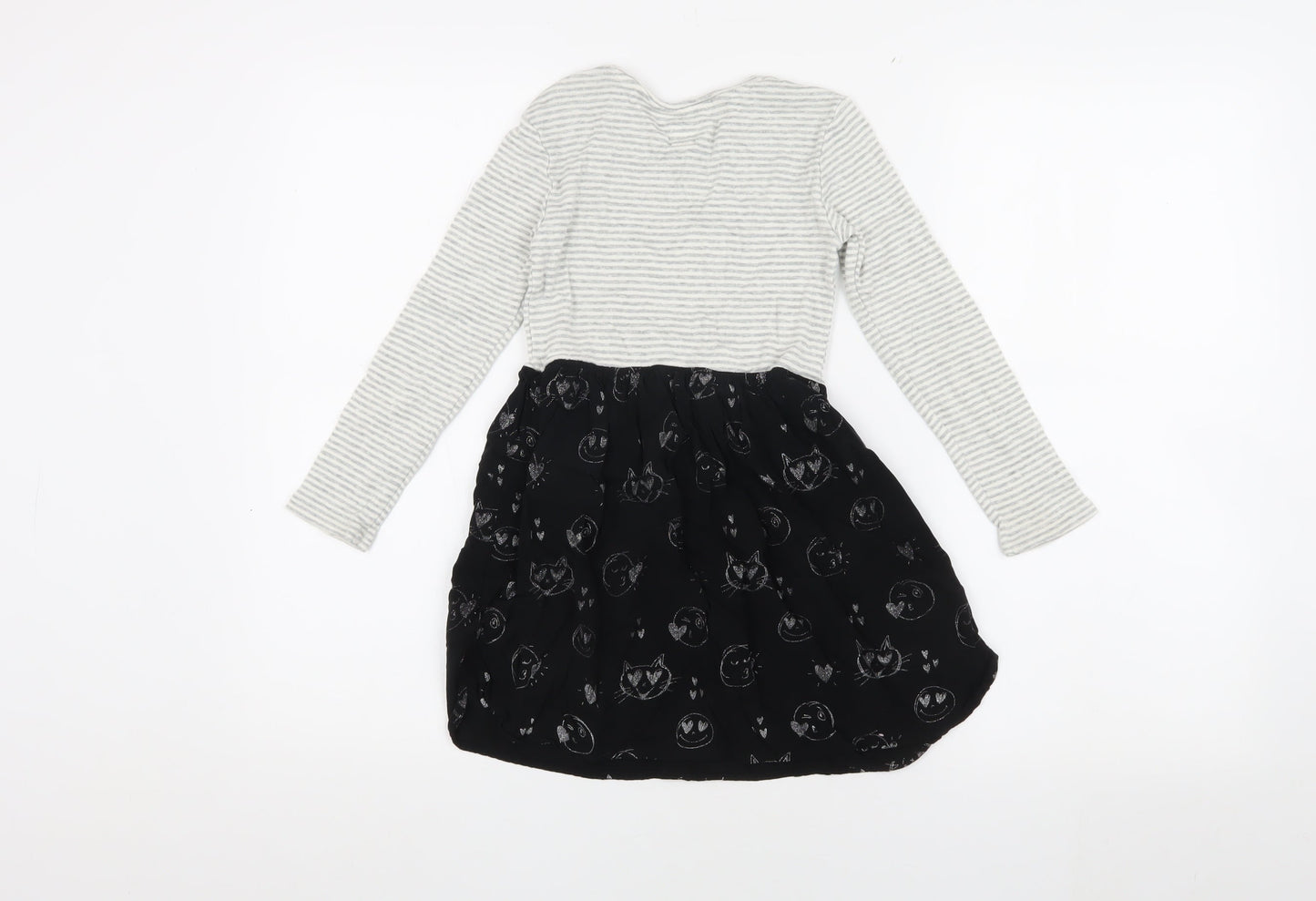 GAP Girls Grey & Black Striped Animal Cats Print Dress 6-7 Years