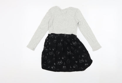 GAP Girls Grey & Black Striped Animal Cats Print Dress 6-7 Years