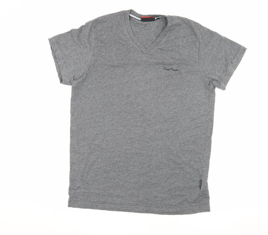 Pierre Cardin Men's Grey V-Neck Logo T-Shirt Size L