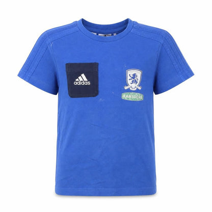 Front view of Adidas boys’ blue football t-shirt, 5-6 years, pullover, logo