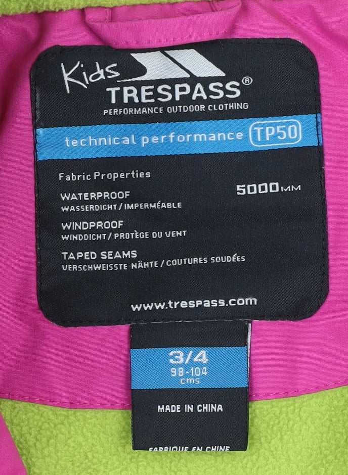 Trespass Girls Pink Parka Jacket 3-4 Years Waterproof