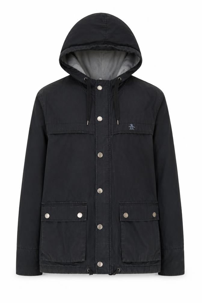 Front view of Original Penguin Black Parka Jacket Women's S Casual Hooded