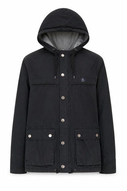 Front view of Original Penguin Black Parka Jacket Women's S Casual Hooded