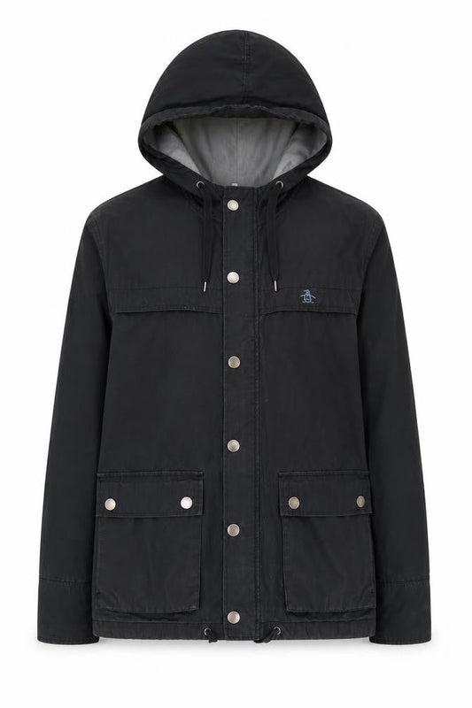 Front view of Original Penguin Black Parka Jacket Women's S Casual Hooded