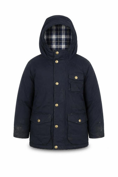Front view of Next boys’ blue hooded jacket, size 5, years, lined