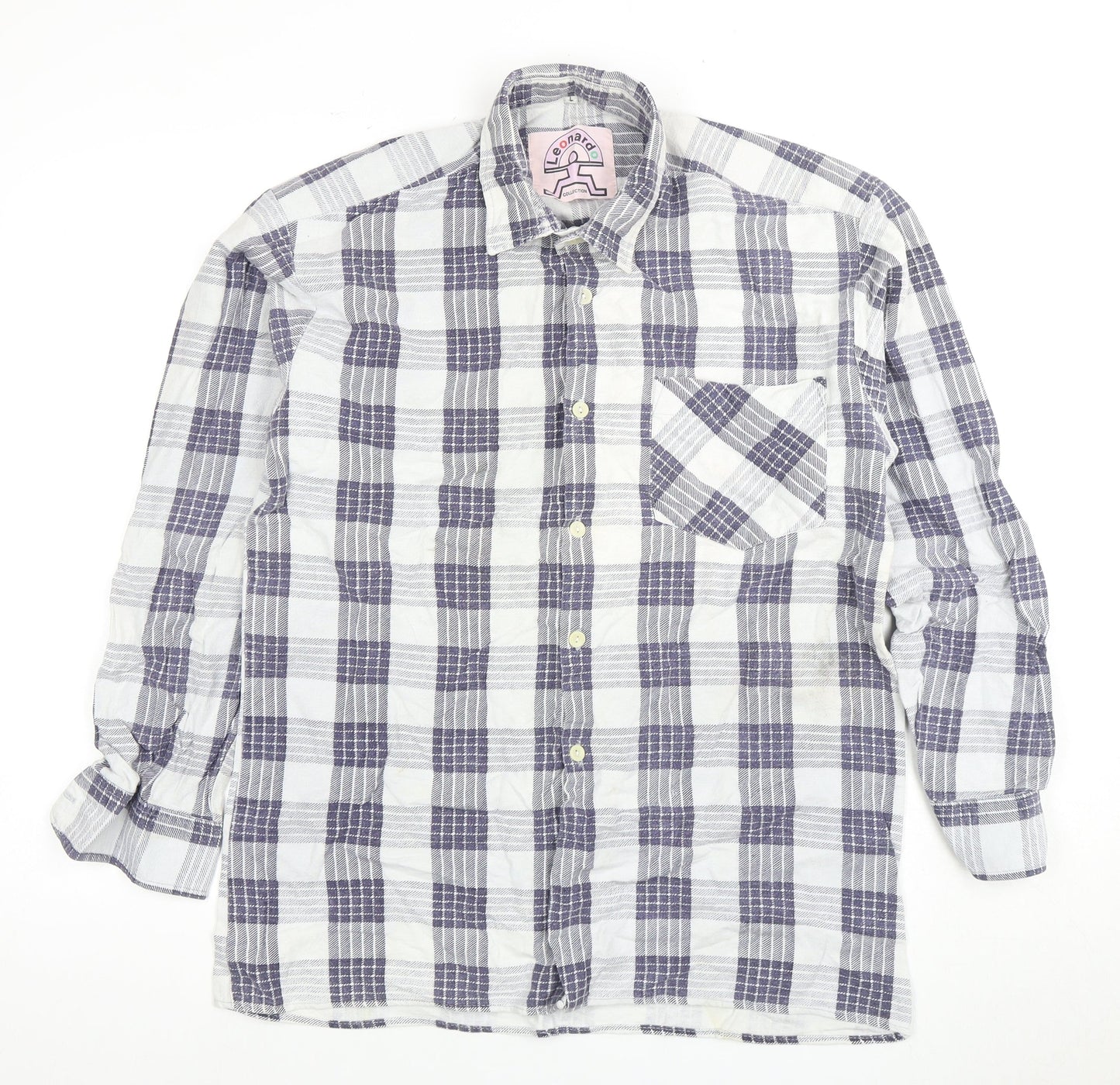 Leonardo Men's Blue Plaid Long Sleeve Shirt L